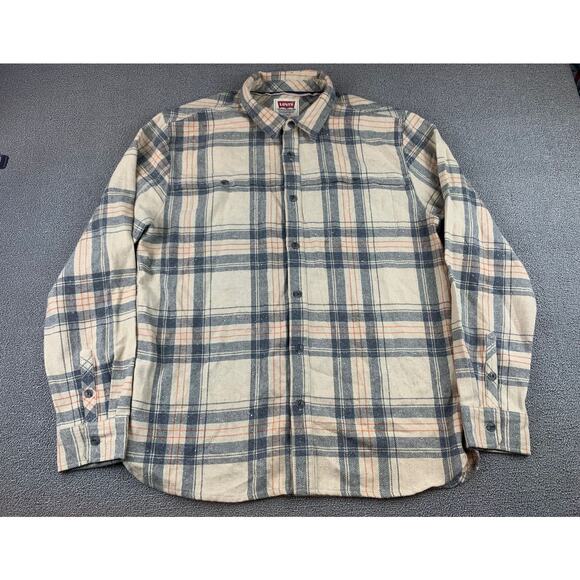 Levis Shirt Men's XL Beige Tan Plaid Flannel Wool Blend Button Up Shacket - Picture 1 of 10